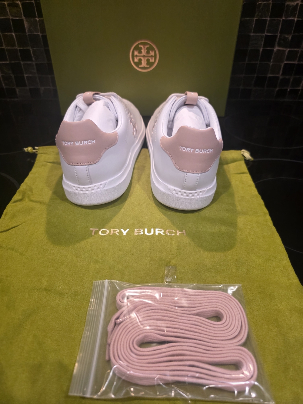 Tory Burch Howell Court White Sneakers with Blush Pink